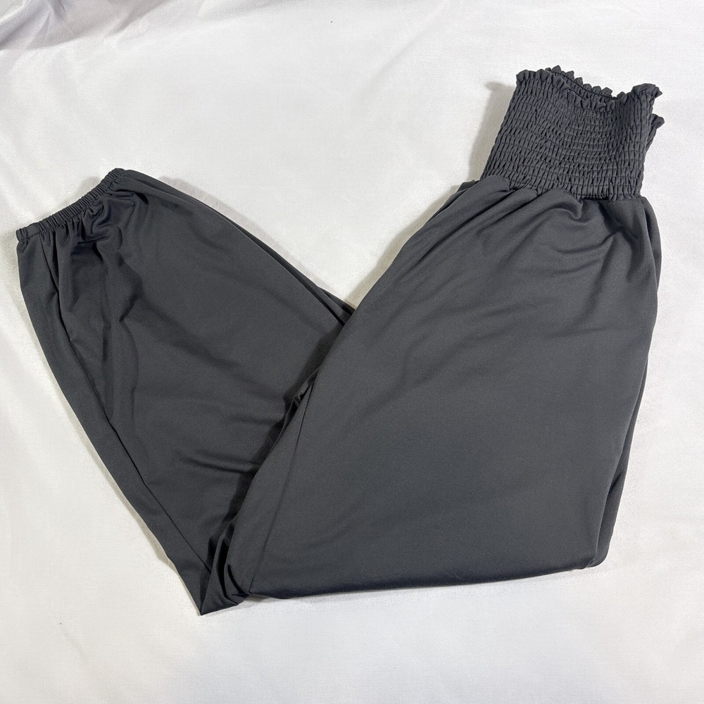 UEU Smocked High Waist Harem Jogger Pants Womens M Black Pockets Flowy Lounge